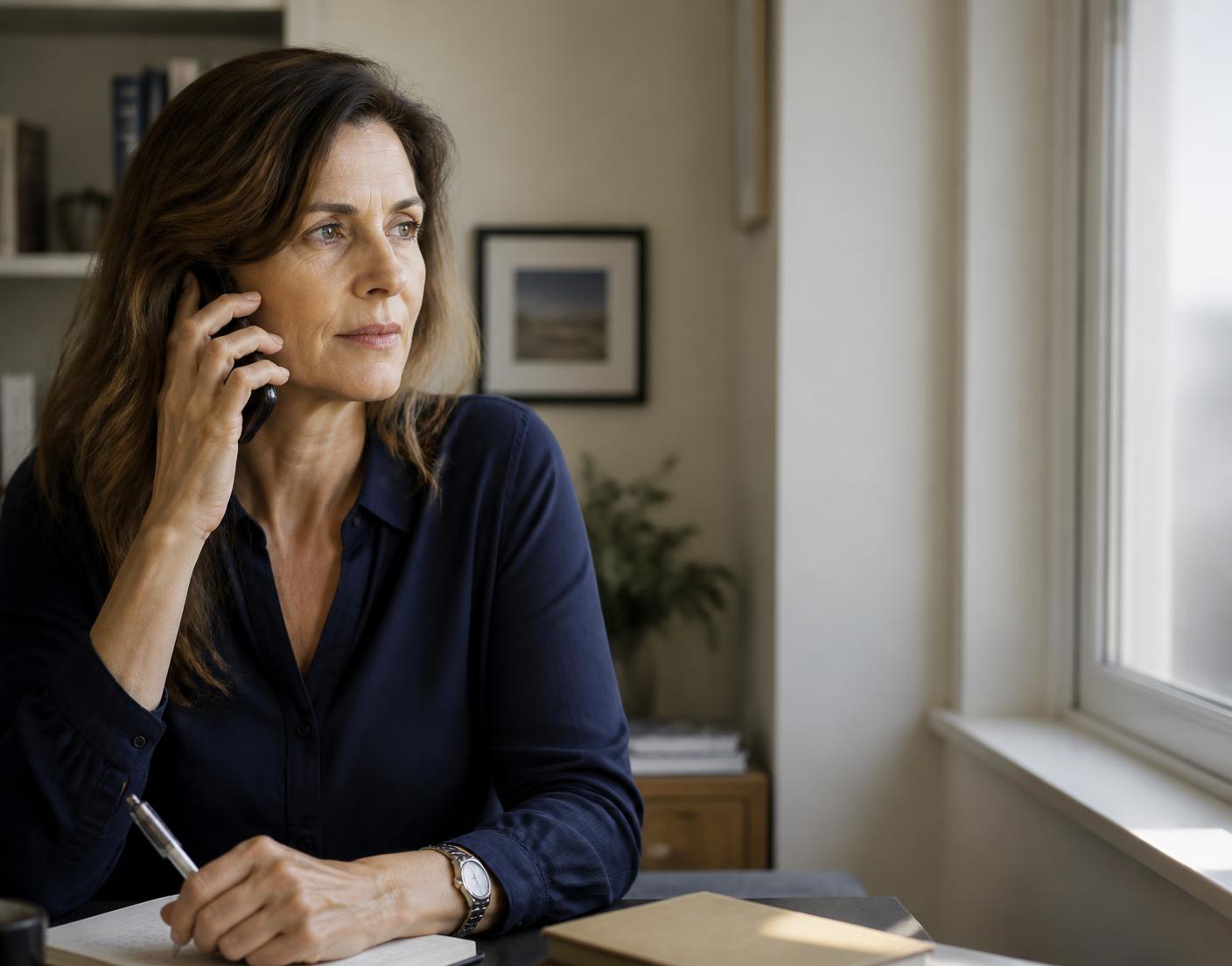 A woman taking notes during a phone call at a home office window