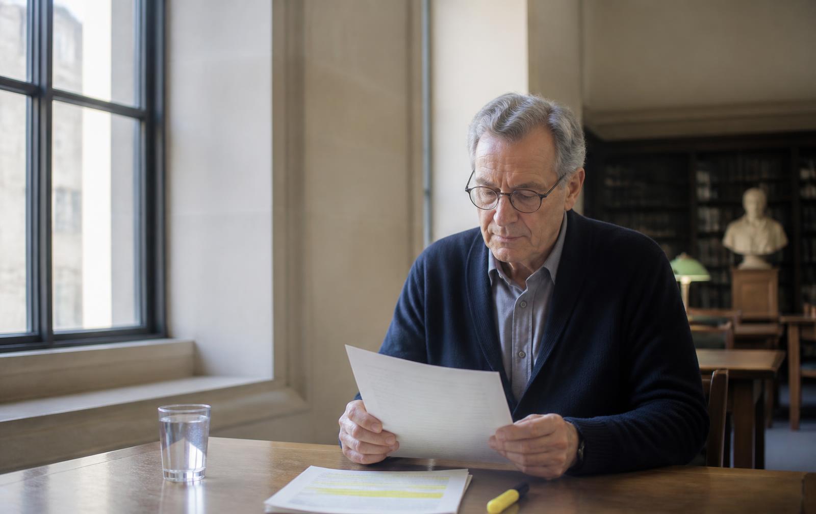 An older man reading printed timeshare documents at a sunlit table