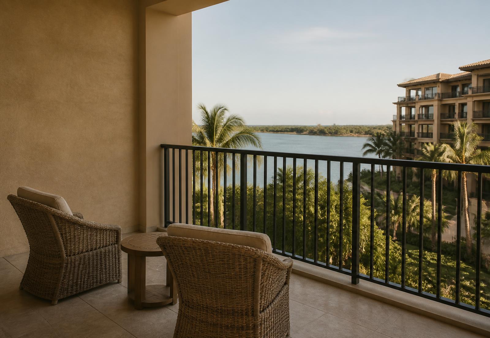 An empty resort balcony with two wicker chairs overlooking palm trees and water