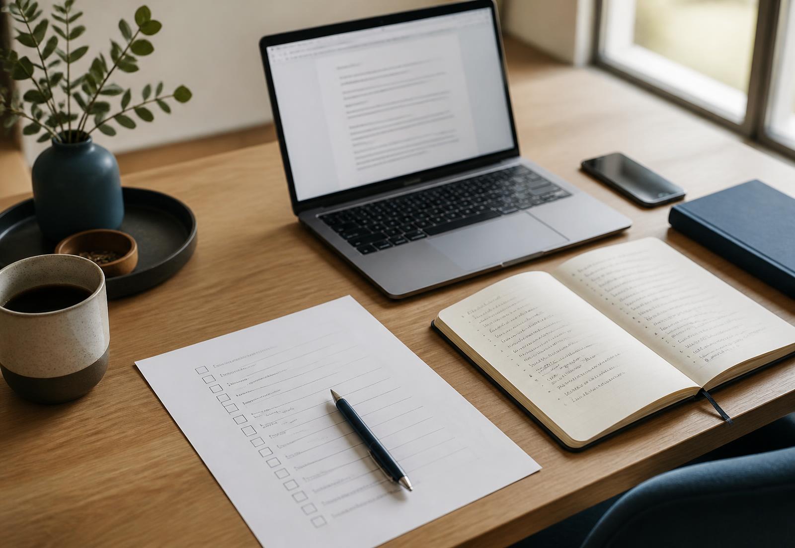 A desk with a printed checklist, handwritten notes and a laptop ready for a timeshare review